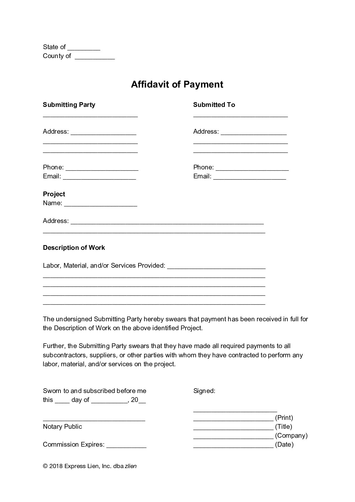Affidavit of Payment (General) Form