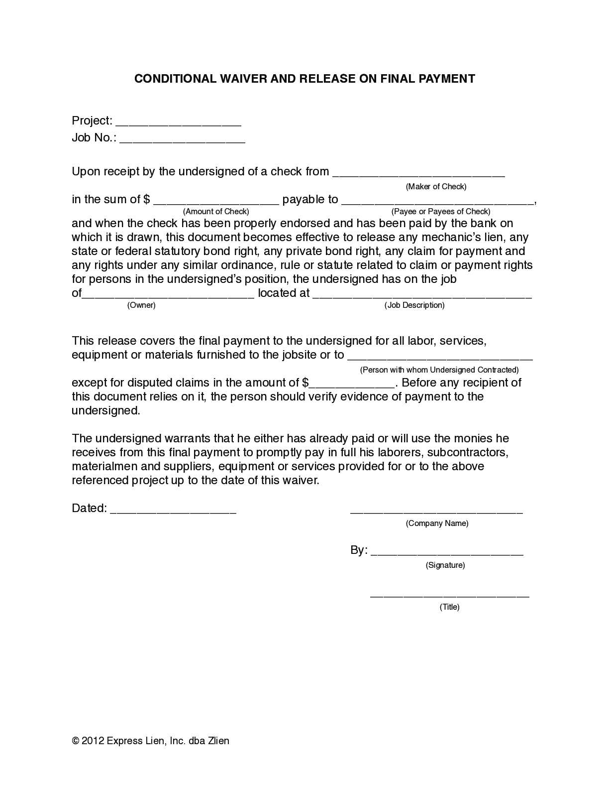 Arizona Final Conditional Lien Waiver Form - free from
