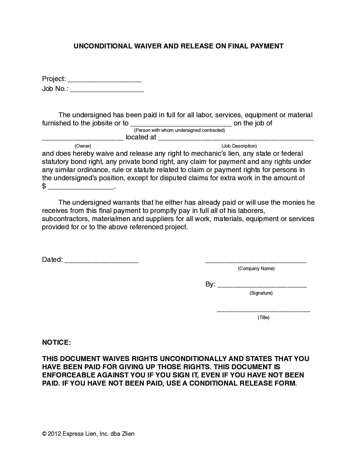 Arizona Final Unconditional Lien Waiver Form Free Template