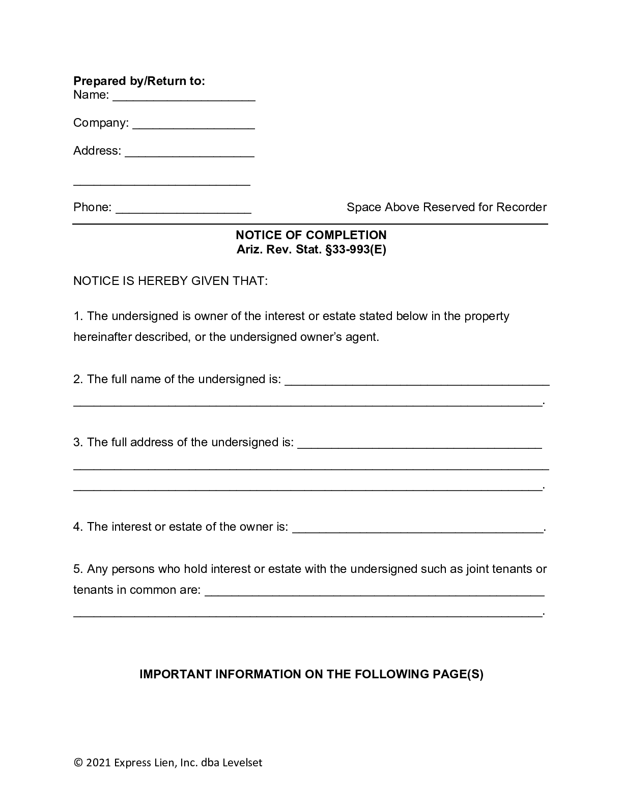 Arizona Notice of Completion Form - free from