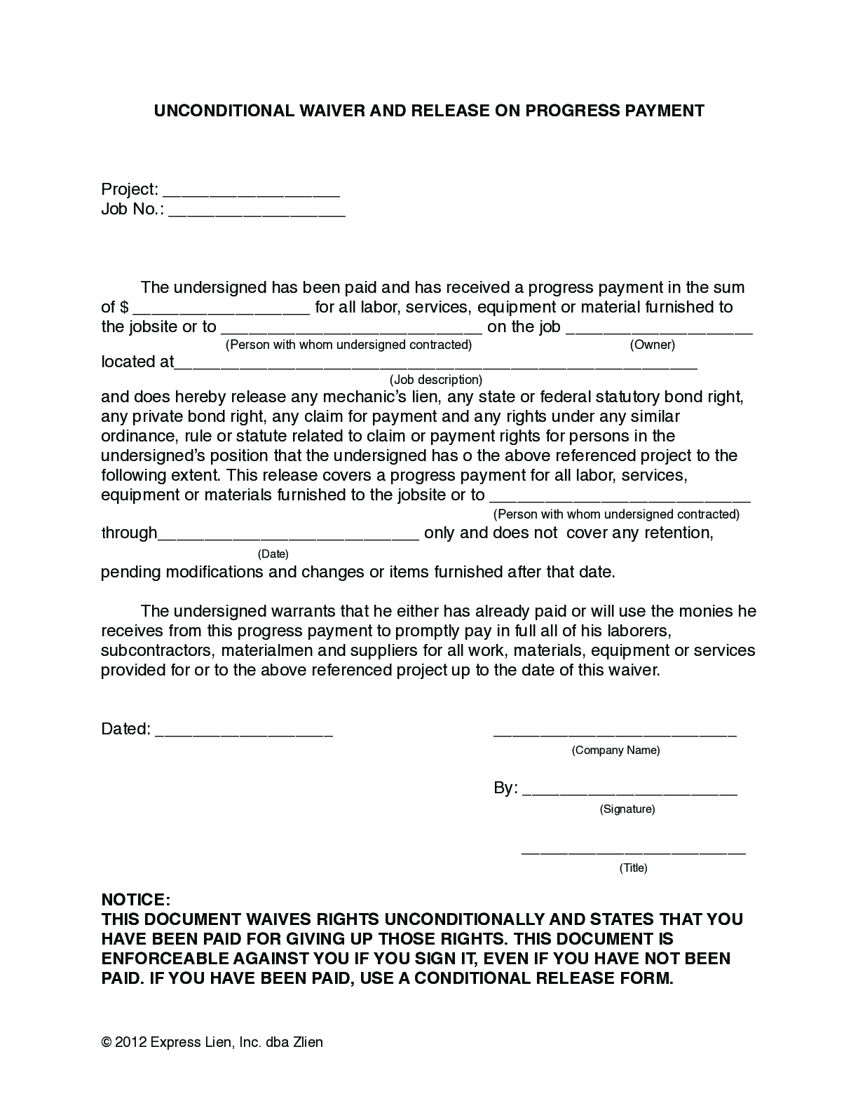 Arizona Partial Unconditional Lien Waiver Form - free from