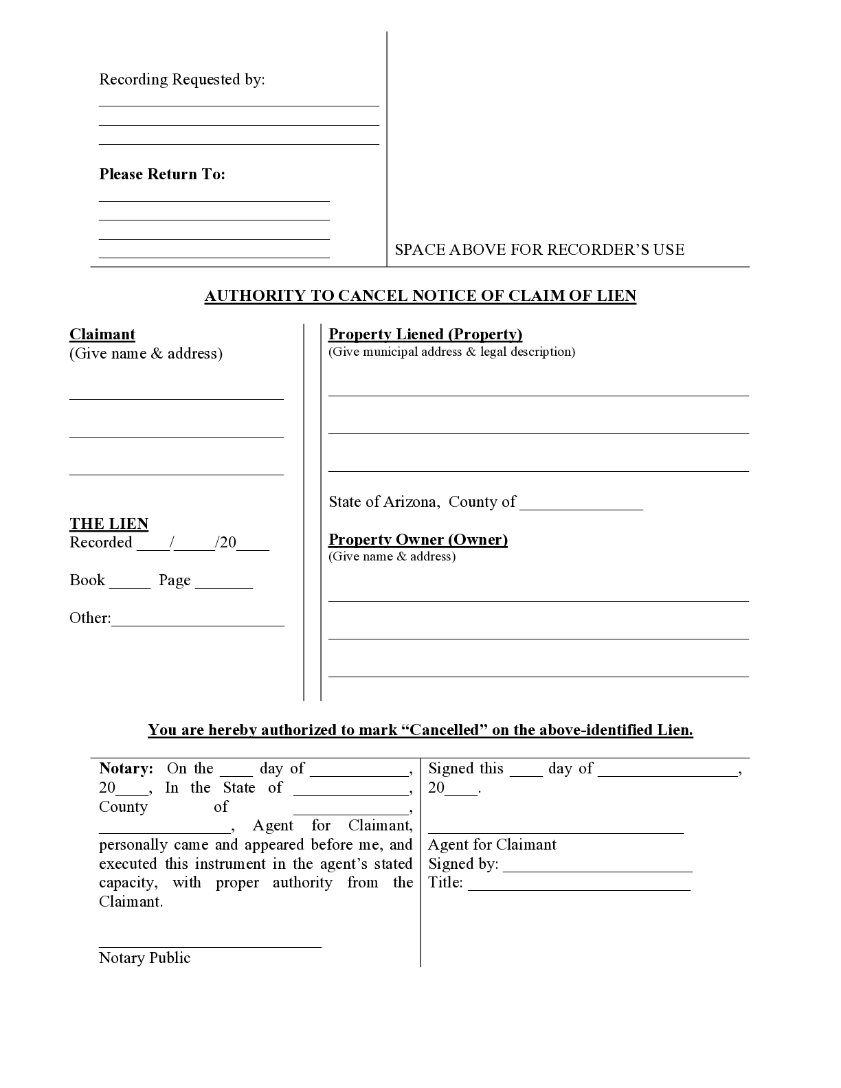 Arizona Release of Mechanics Lien Form - free from