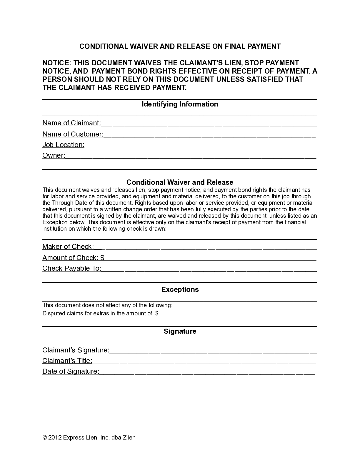 California Conditional Lien Waiver and Release On Final Payment Form - free from