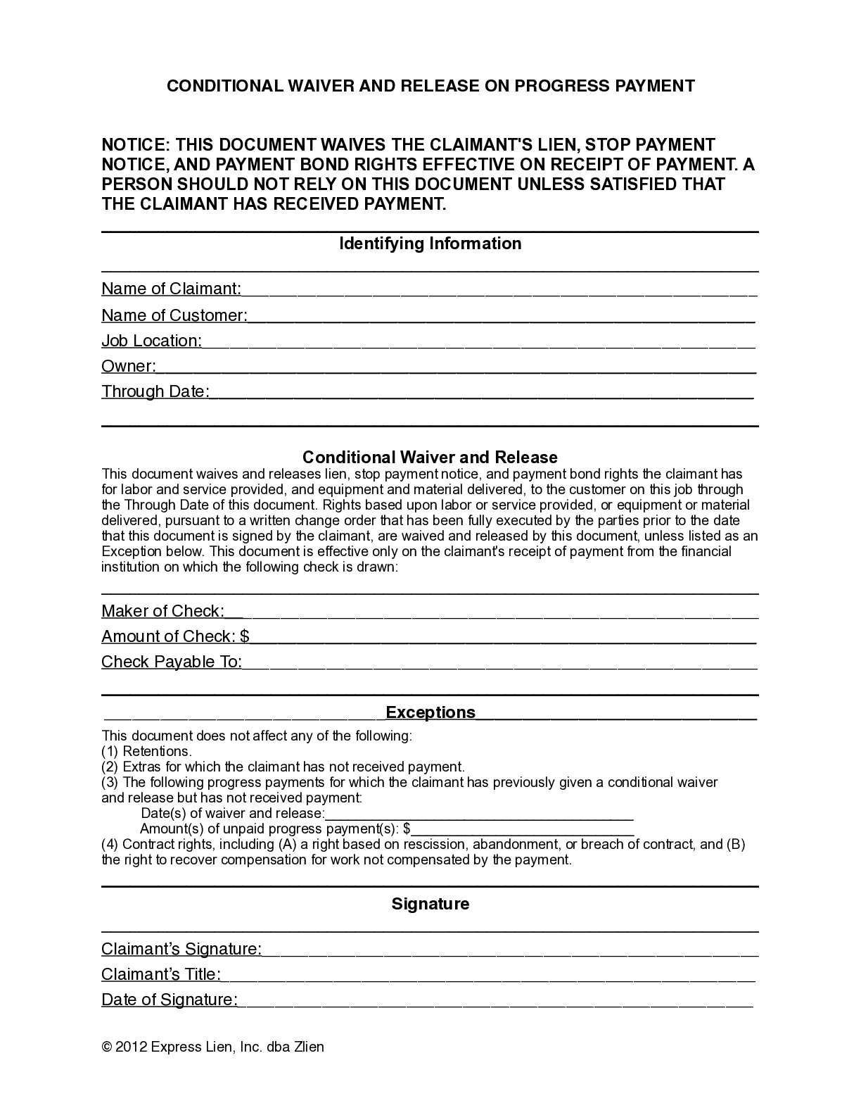 California Conditional Waiver and Release on Progress Payment form - free from