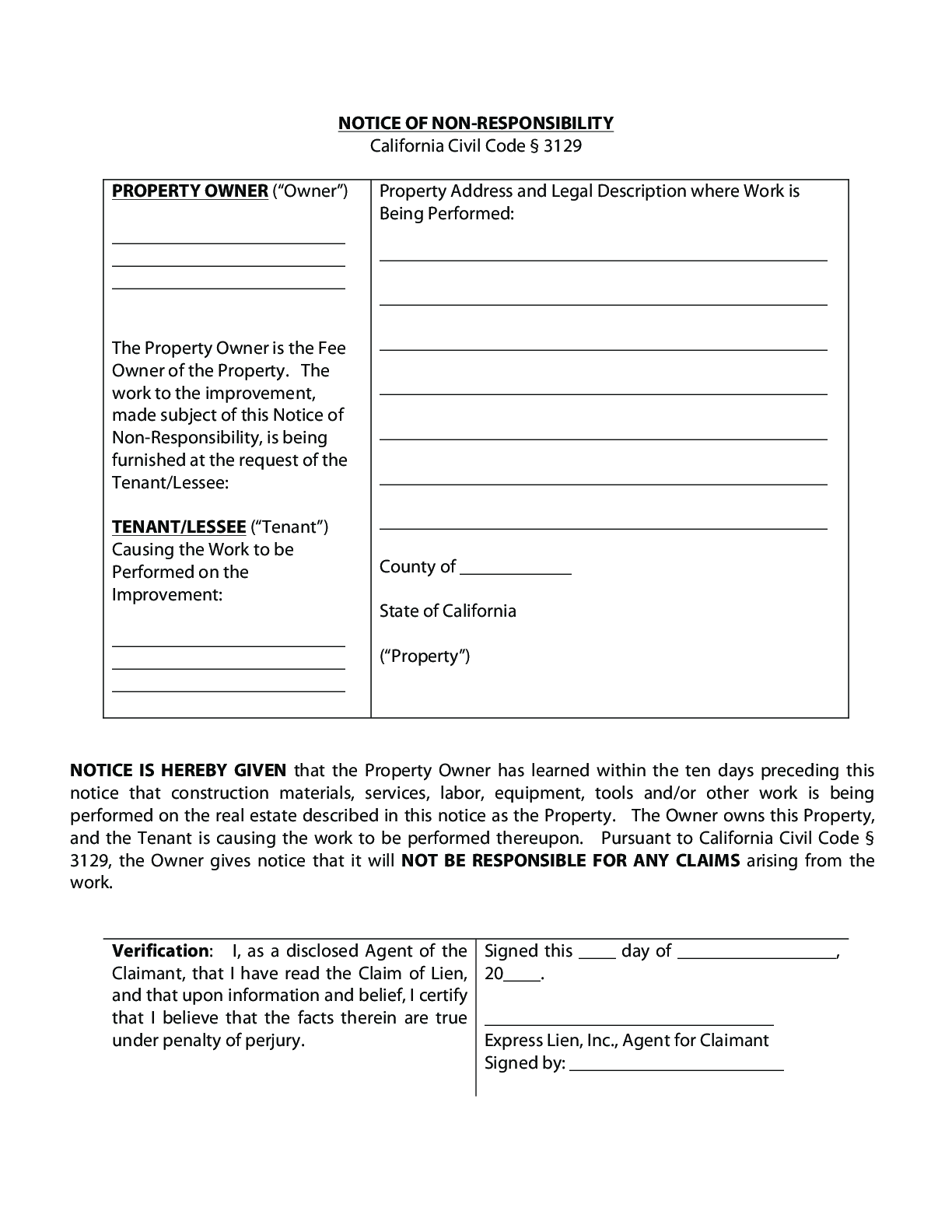 California Notice of Non-Responsibility Form - free from