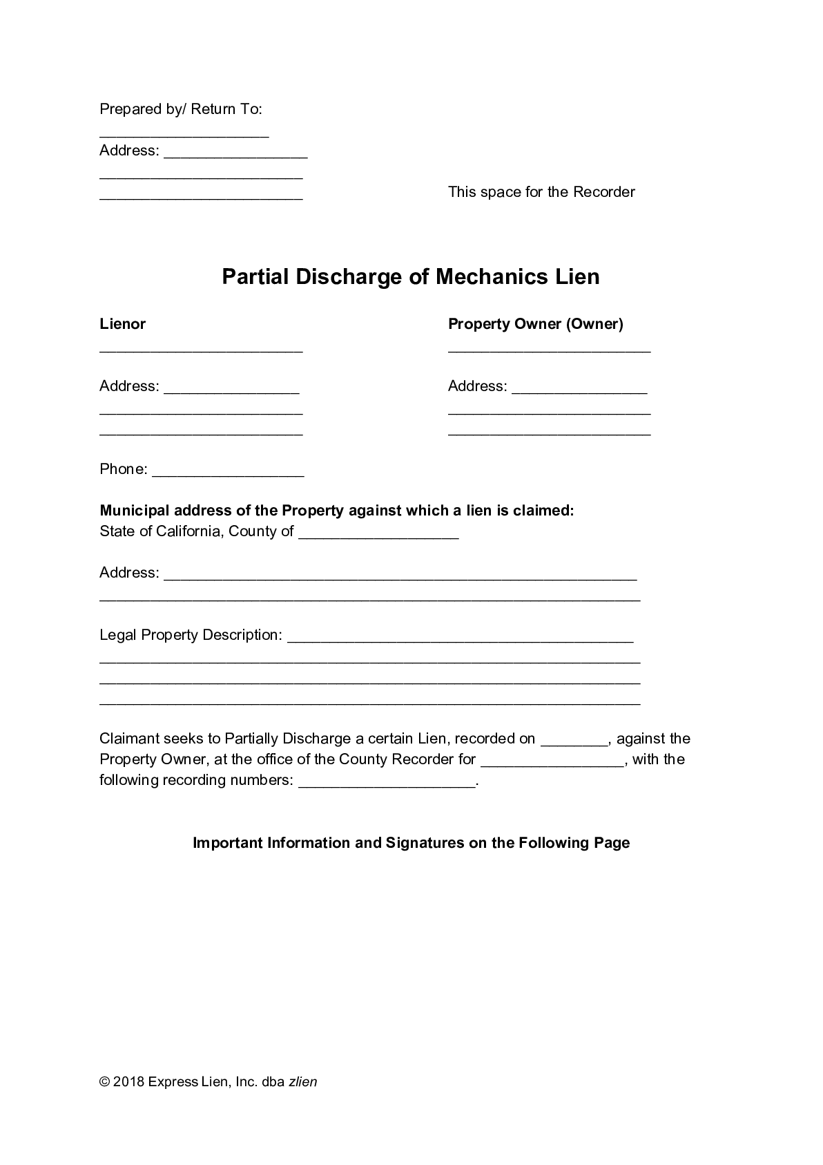 California Partial Discharge of Mechanics Lien Form - free from