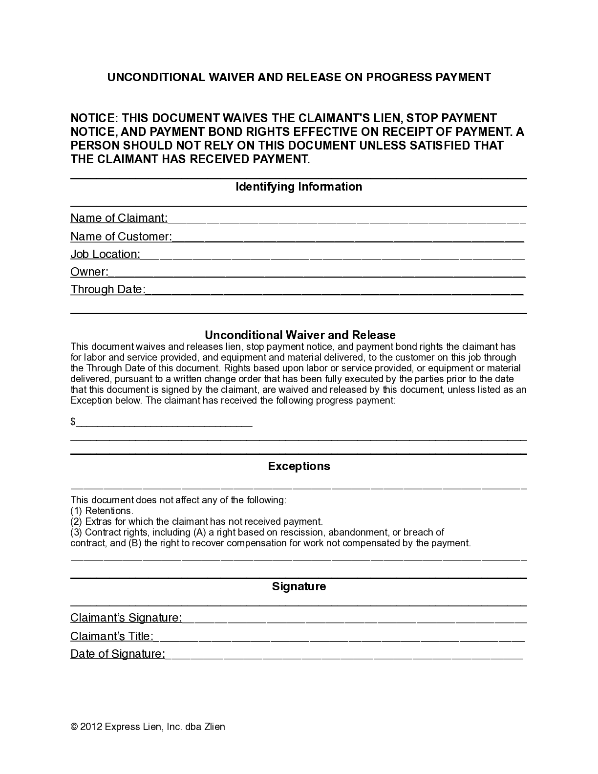 California Unconditional Waiver and Release on Progress Payment form - free from