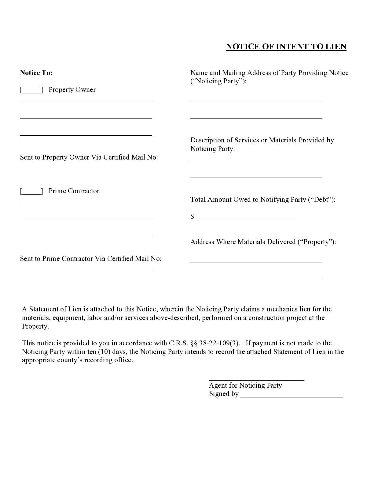 Colorado Notice of Intent to Lien Form | Free Downloadable Template - free from