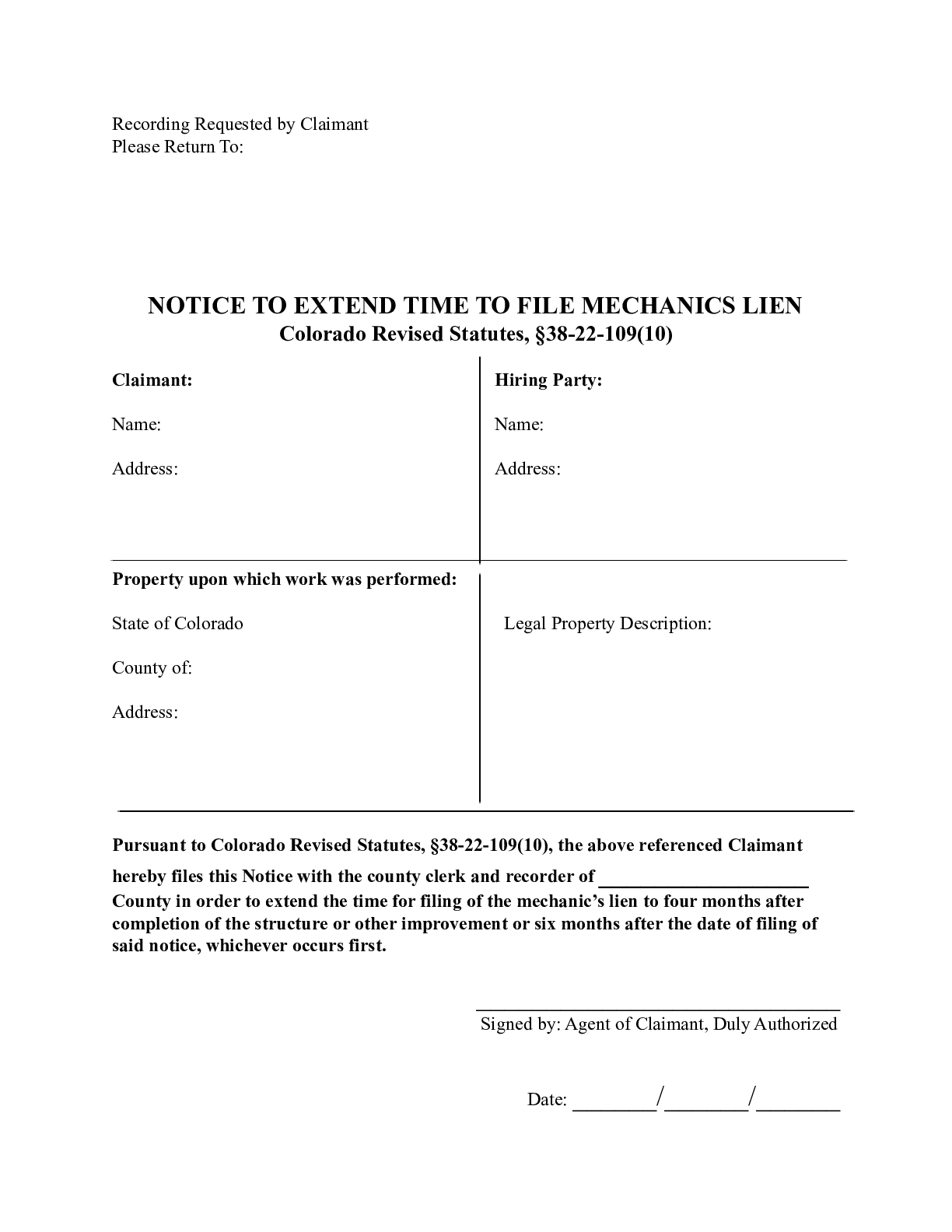 Colorado Notice To Extend Time to File Mechanics Lien - free from