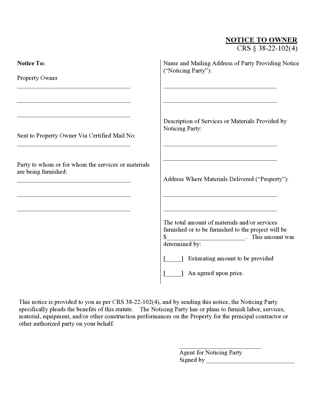 Colorado Notice to Owner Form