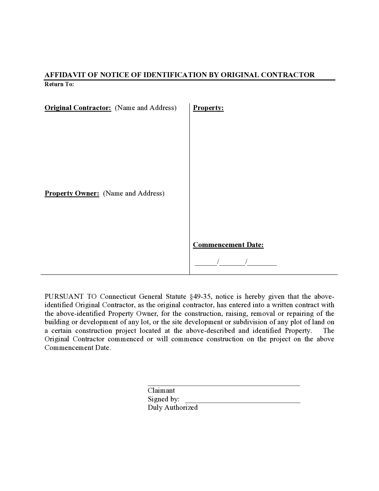 Connecticut Contractor Affidavit Form - free from
