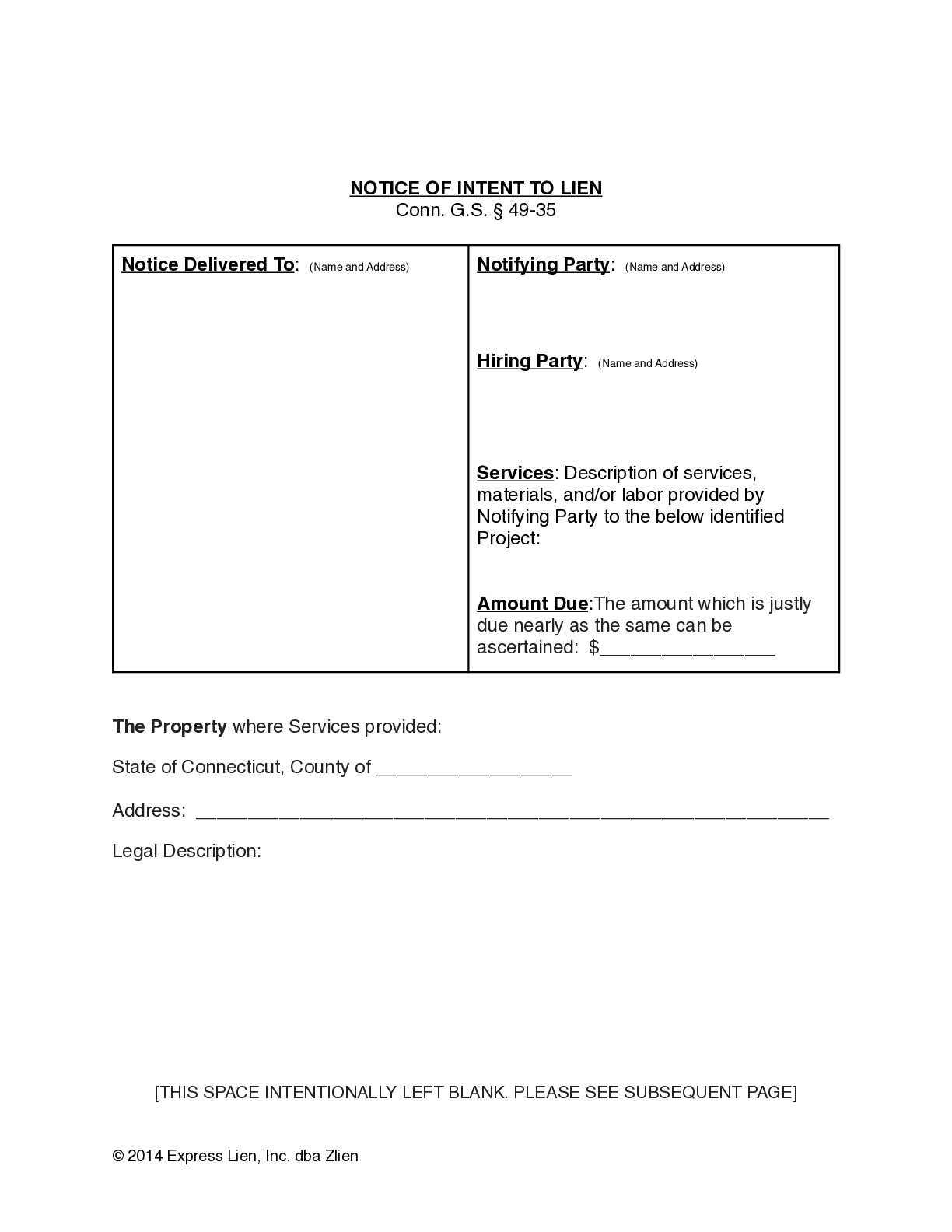 Connecticut Notice of Intent to Lien Form | Free Downloadable Template