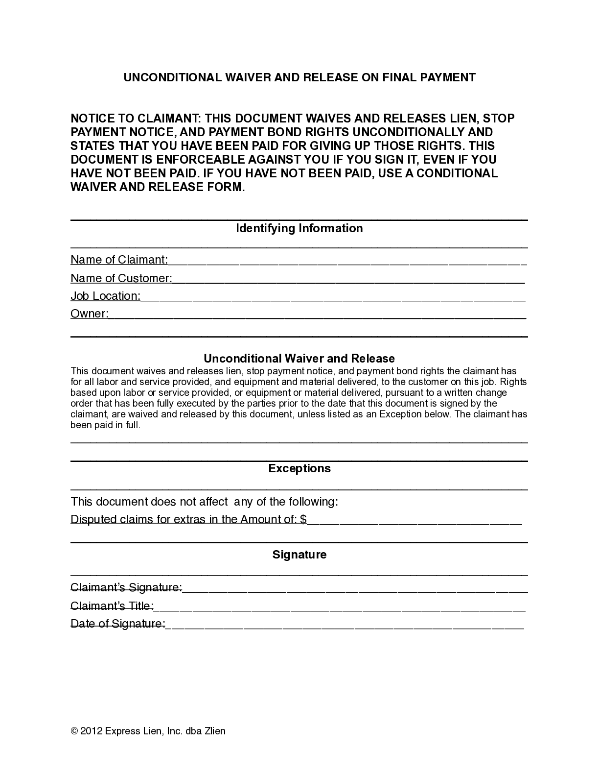 Delaware Final Unconditional Lien Waiver Form - free from
