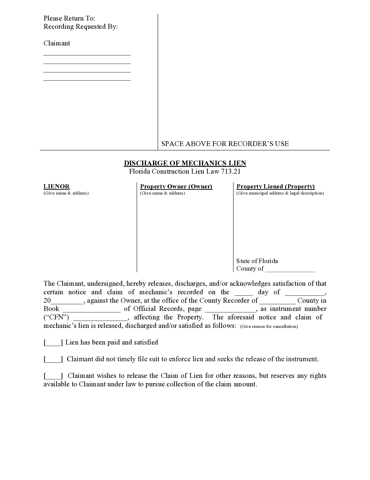 Florida Discharge of Mechanics Lien Form - free from