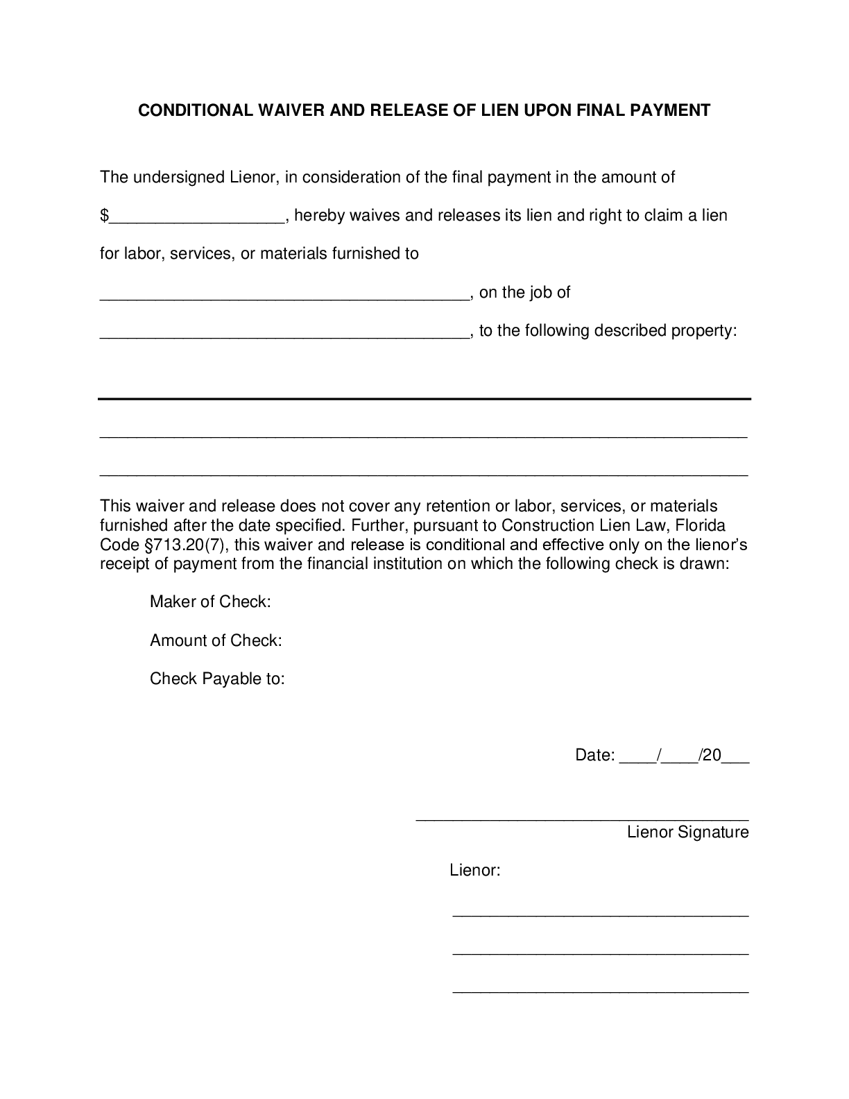 Florida Final Conditional Lien Waiver and Release Form - free from