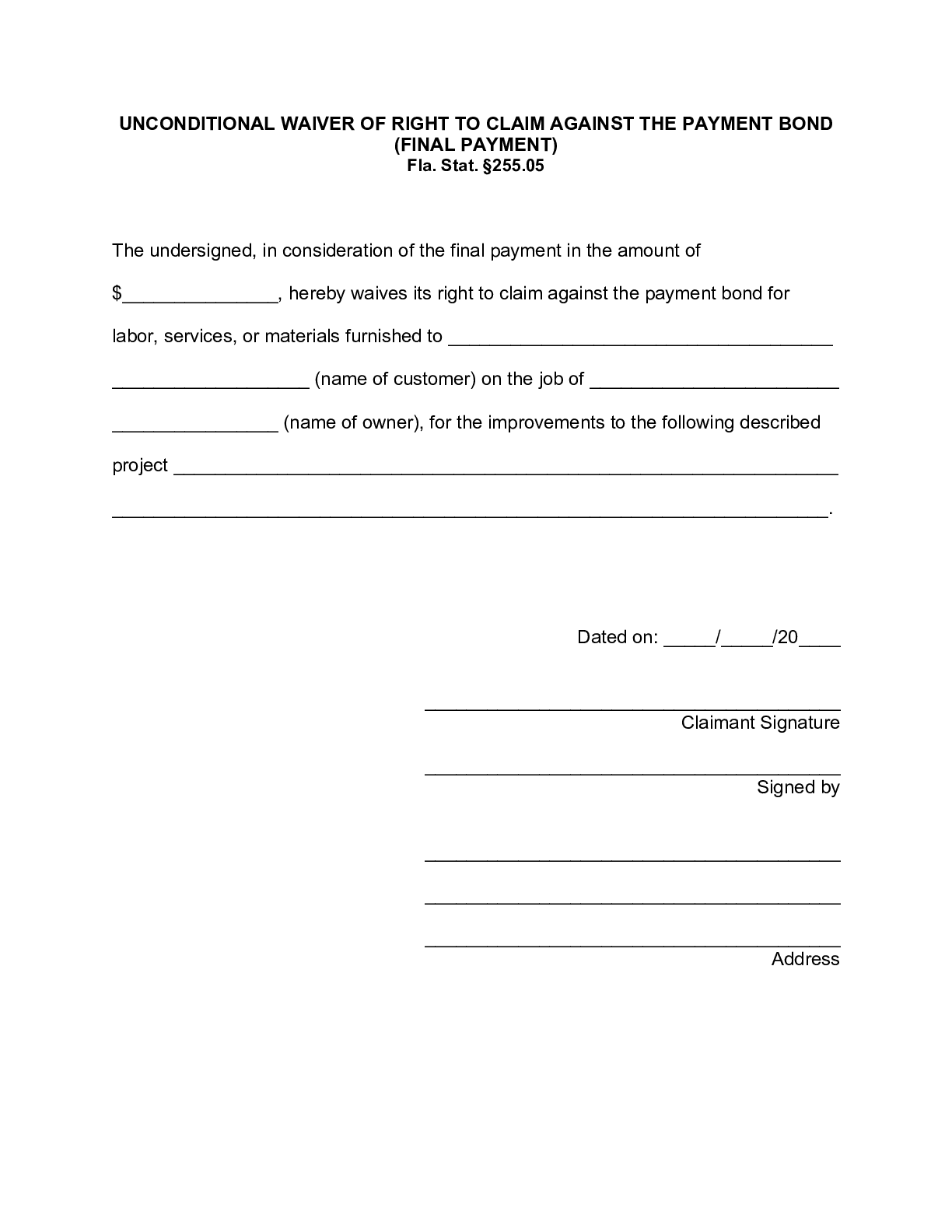 Florida Final Unconditional Bond Waiver Form | Free Template Download - free from