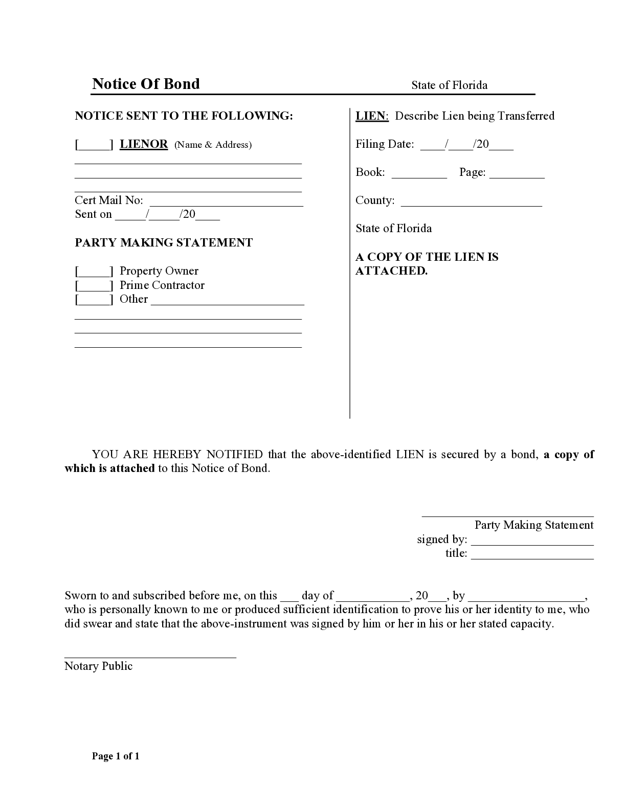 Florida Notice of Bond Form - free from