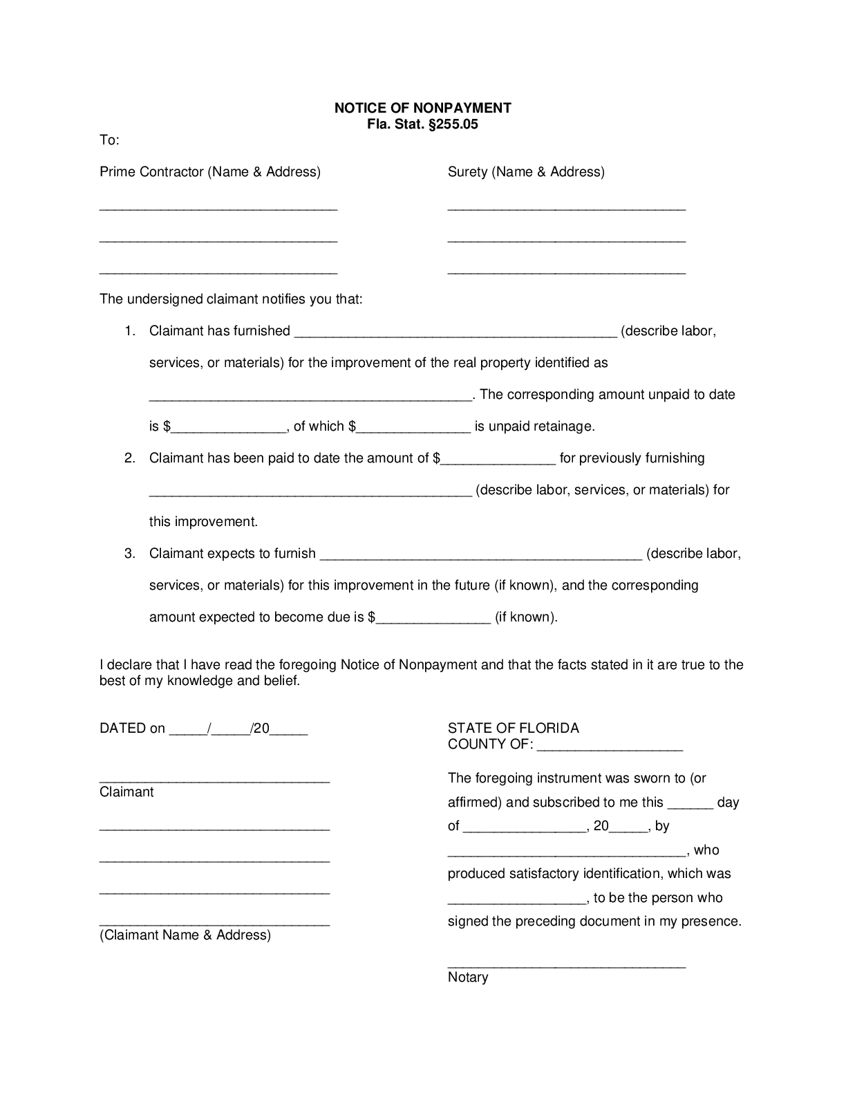 Florida Notice of Nonpayment Form (Public Bond Claim) | Free Template Download - free from