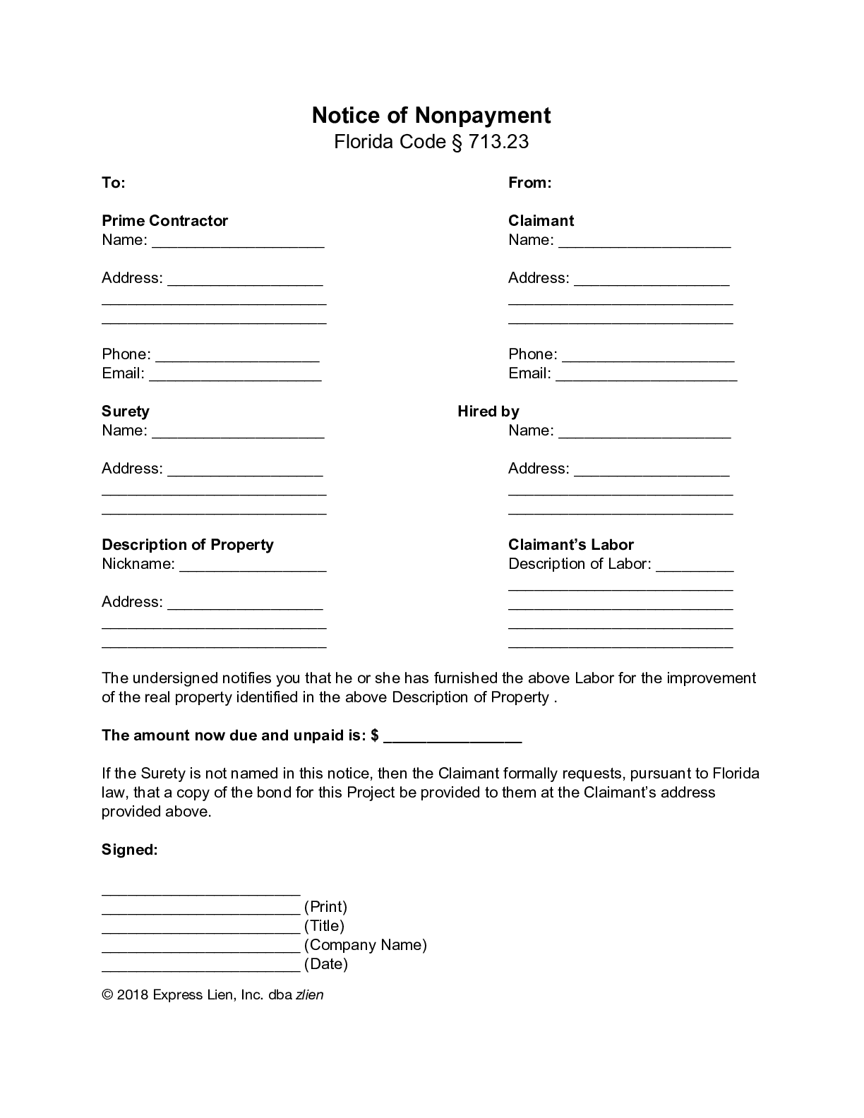 Florida Notice of Nonpayment (Private Bond Claim) Form