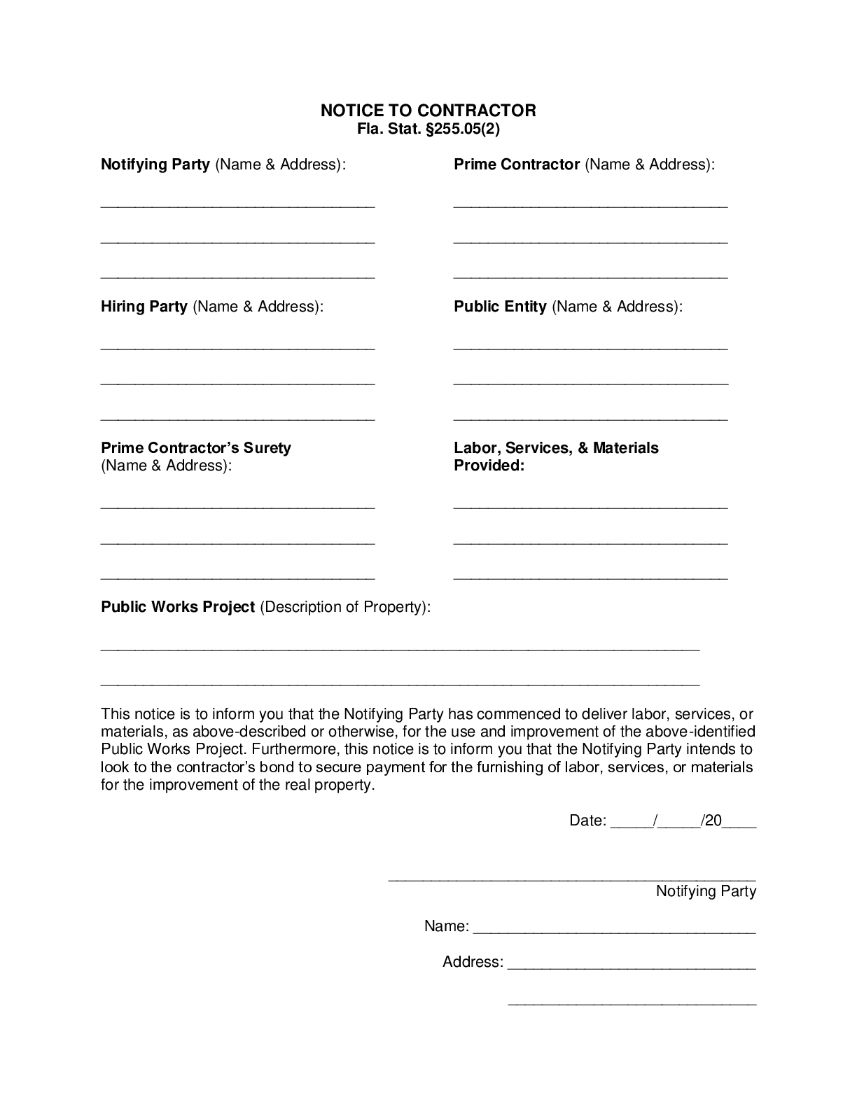 Florida Notice to Contractor (Public Projects) Form | Free Template Download