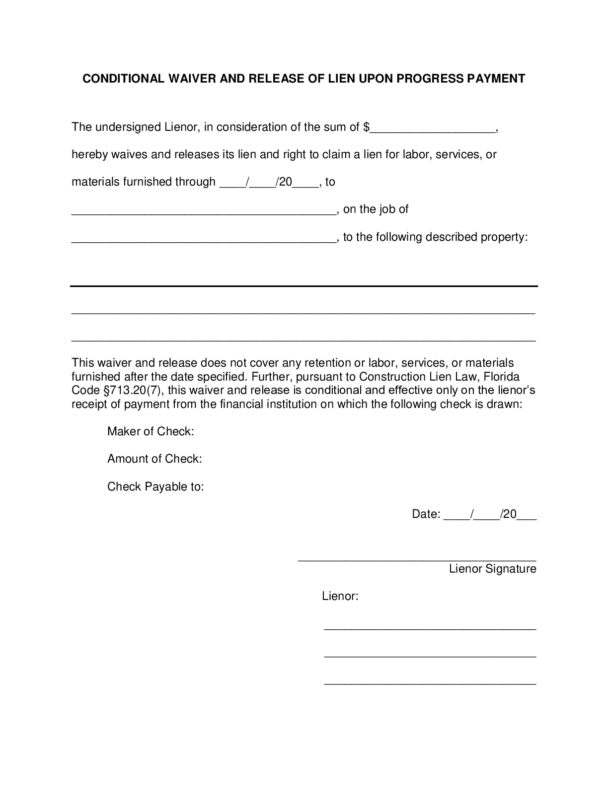 Florida Partial Conditional Lien Waiver and Release Form - free from