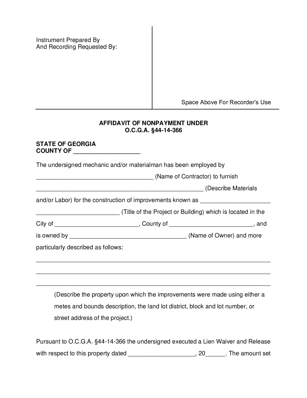 Georgia Affidavit of Non-Payment Form - free from