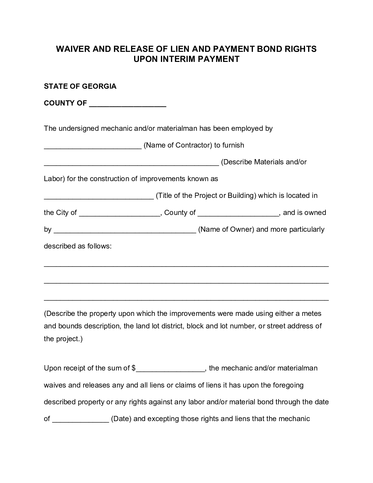 Georgia Interim Lien Waiver Form | Free Template Download - free from