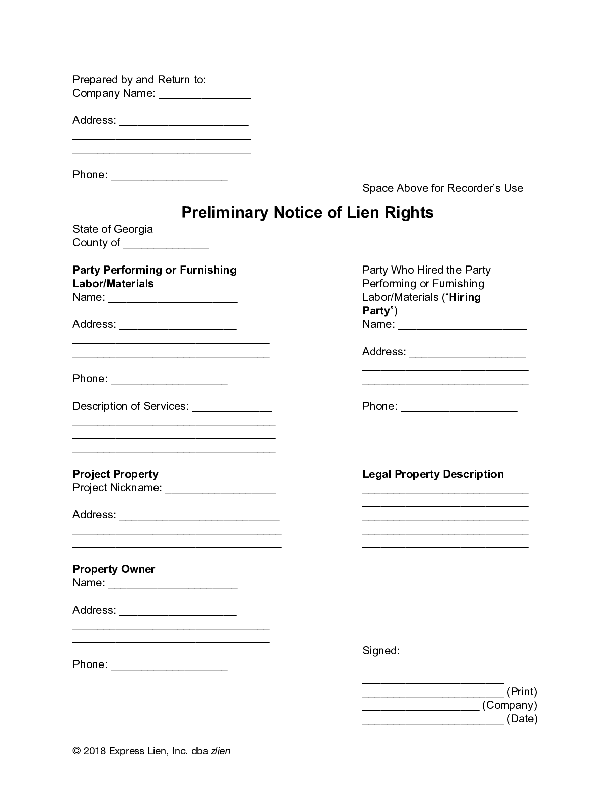 Georgia Preliminary Notice of Lien Rights Form - free from