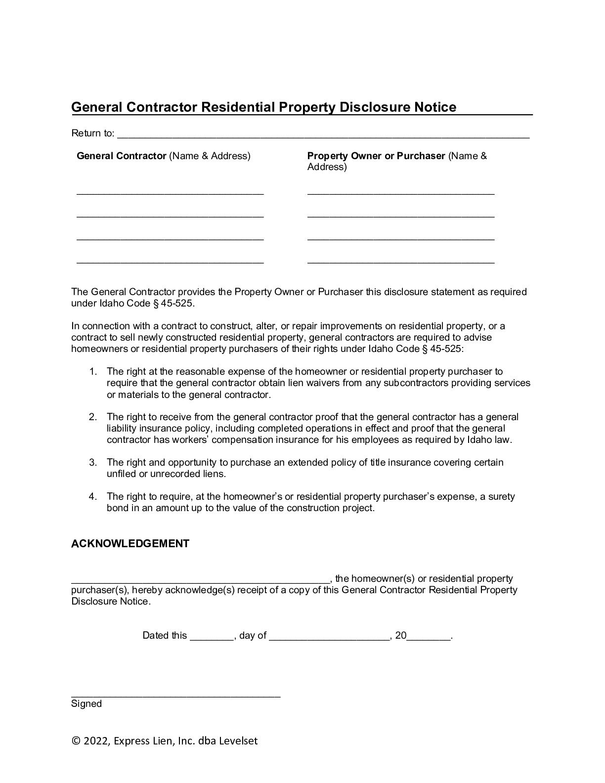 Idaho Residential Disclosure Notice Form - free from