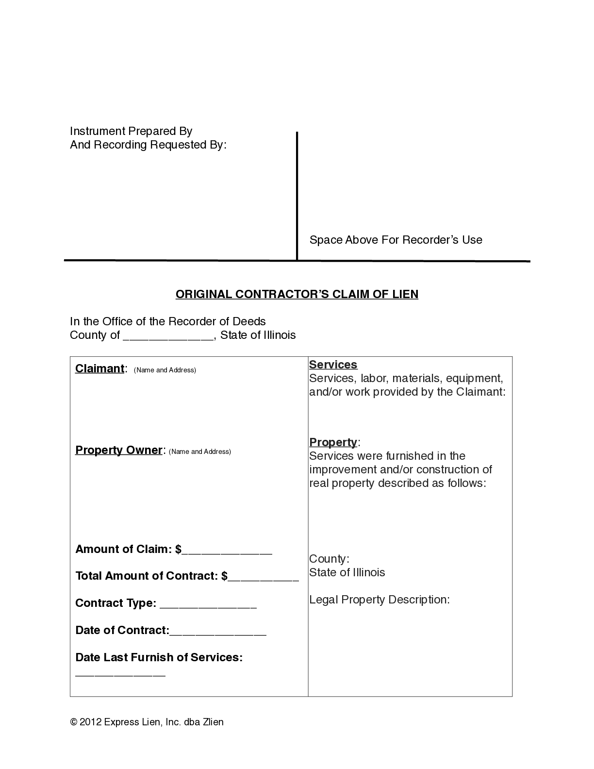 Illinois General Contractor’s Mechanics Lien Form - free from