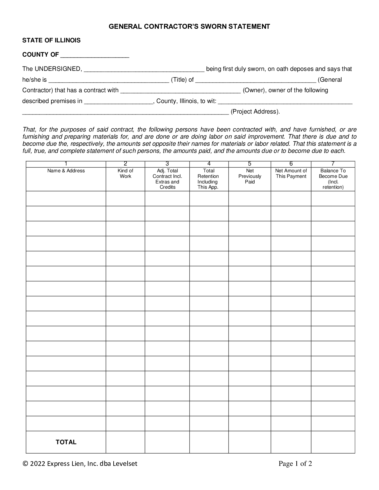 Illinois General Contractor’s Sworn Statement Form - free from