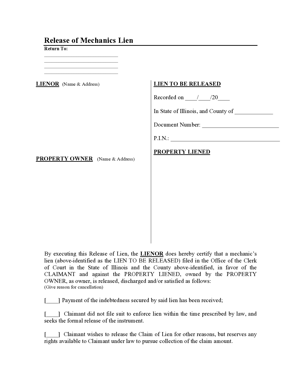 Illinois Mechanics Lien Release Form - free from