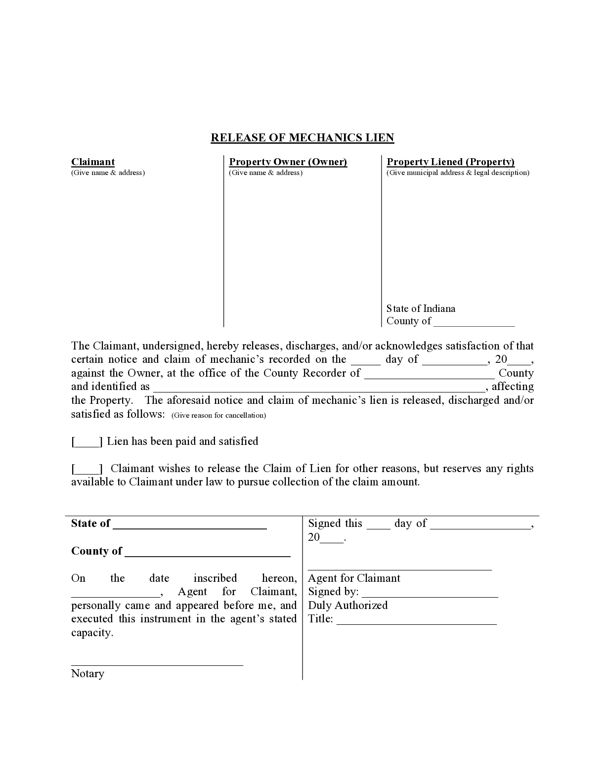 Indiana Mechanics Lien Release Form - free from
