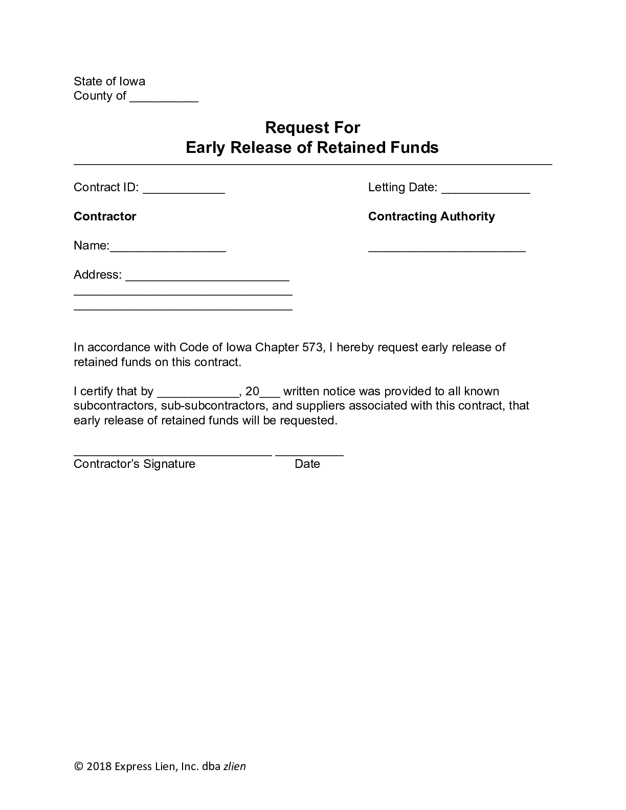 Iowa Contractor’s Request for Early Release of Retained Funds Form
