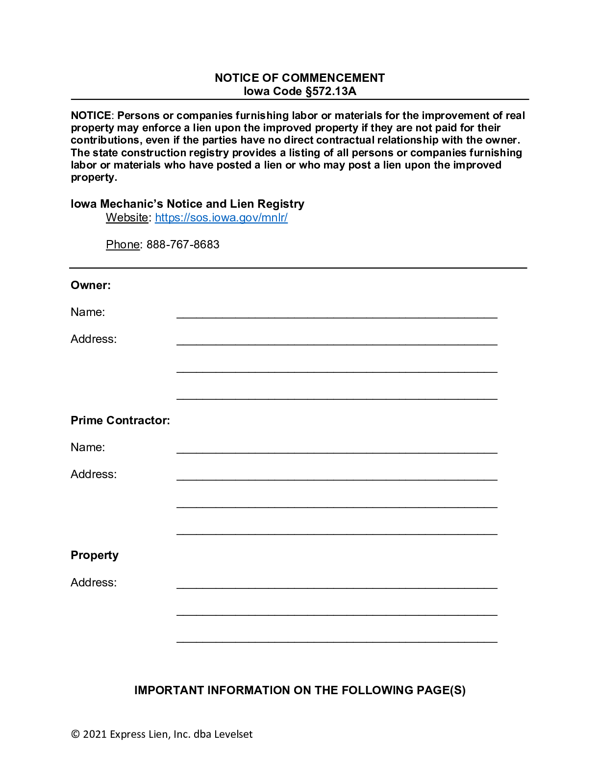 Iowa Notice of Commencement Form - free from