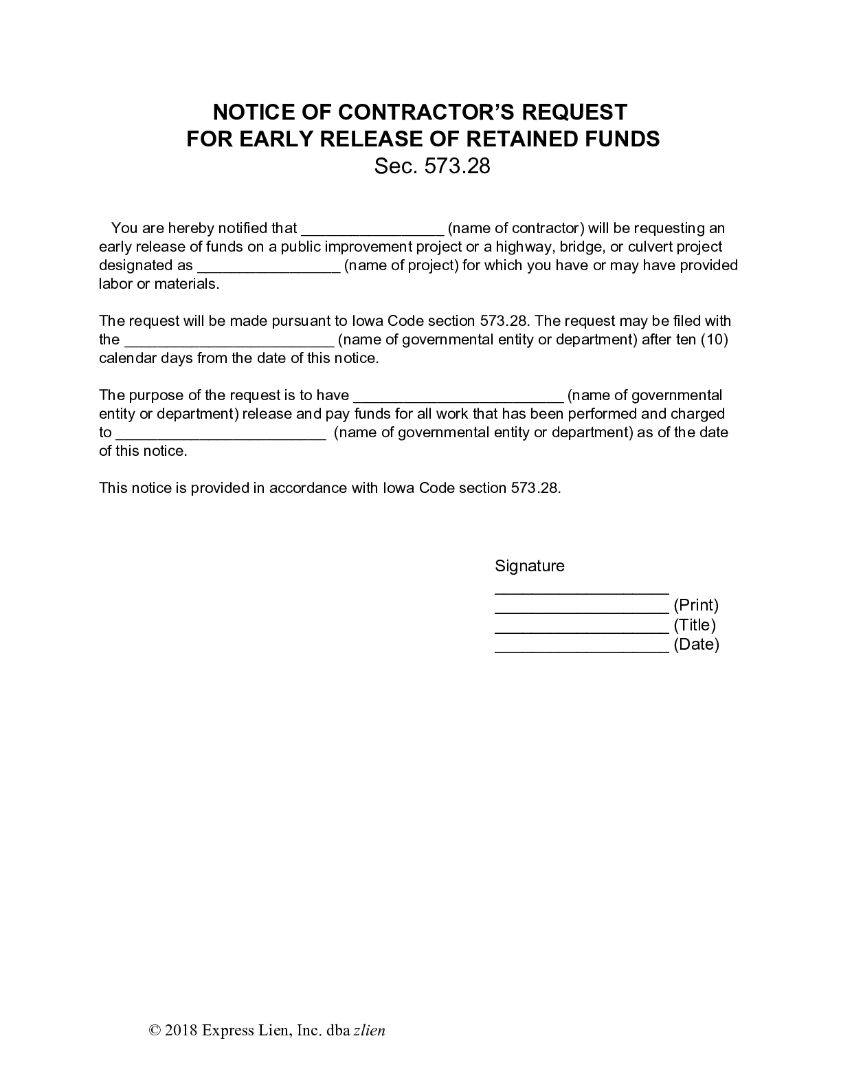 Iowa Notice of Request for Early Release of Retainage Form