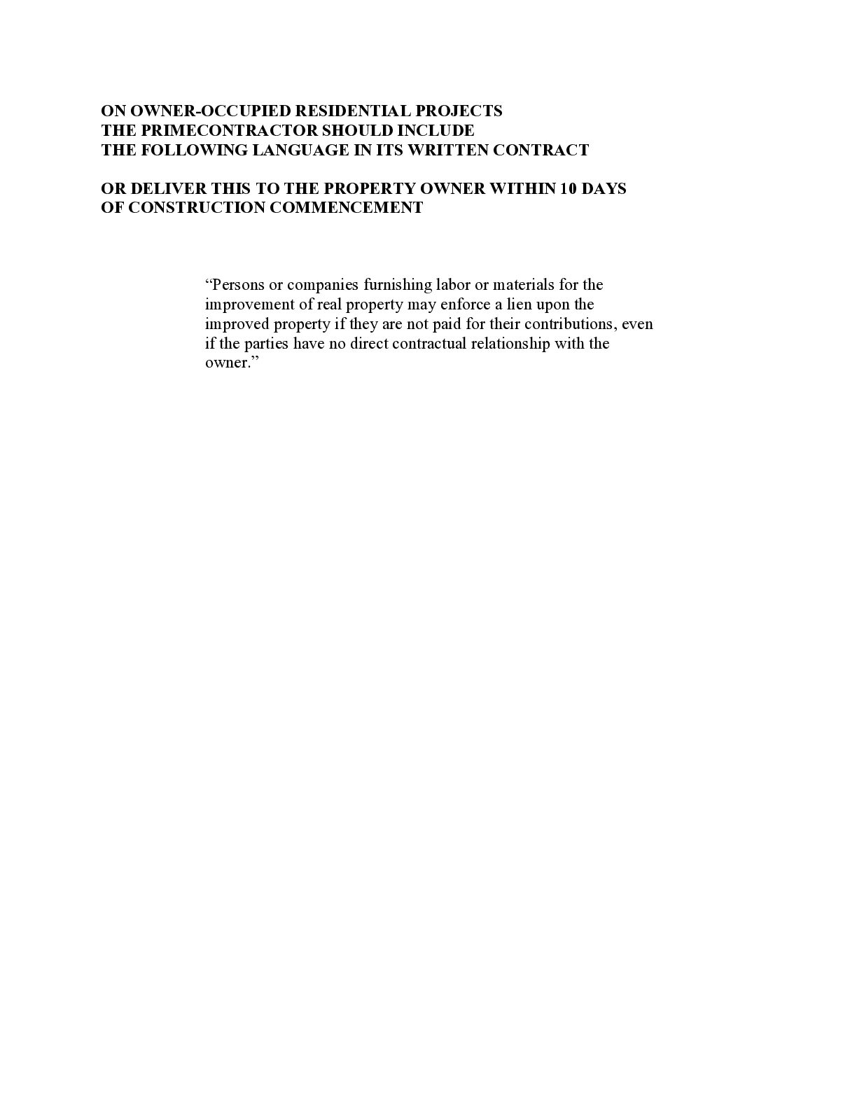 Iowa Prime Contractor Notice to Owner Form