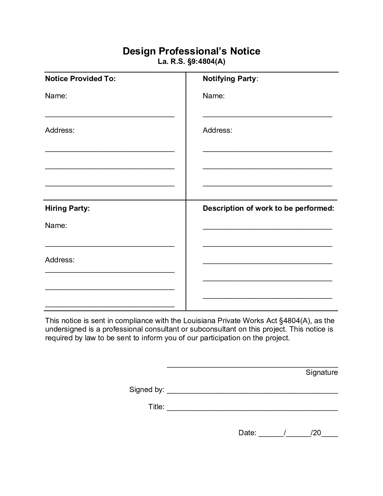 Louisiana Design Professional Notice Form - free from