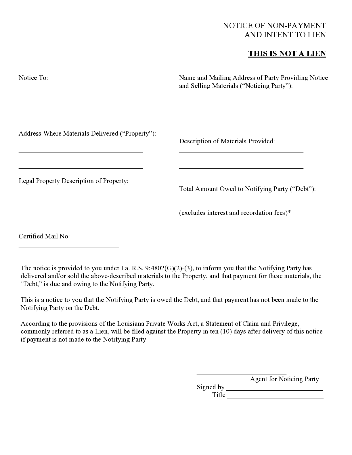 Louisiana Monthly Notice of Non-Payment Form - free from