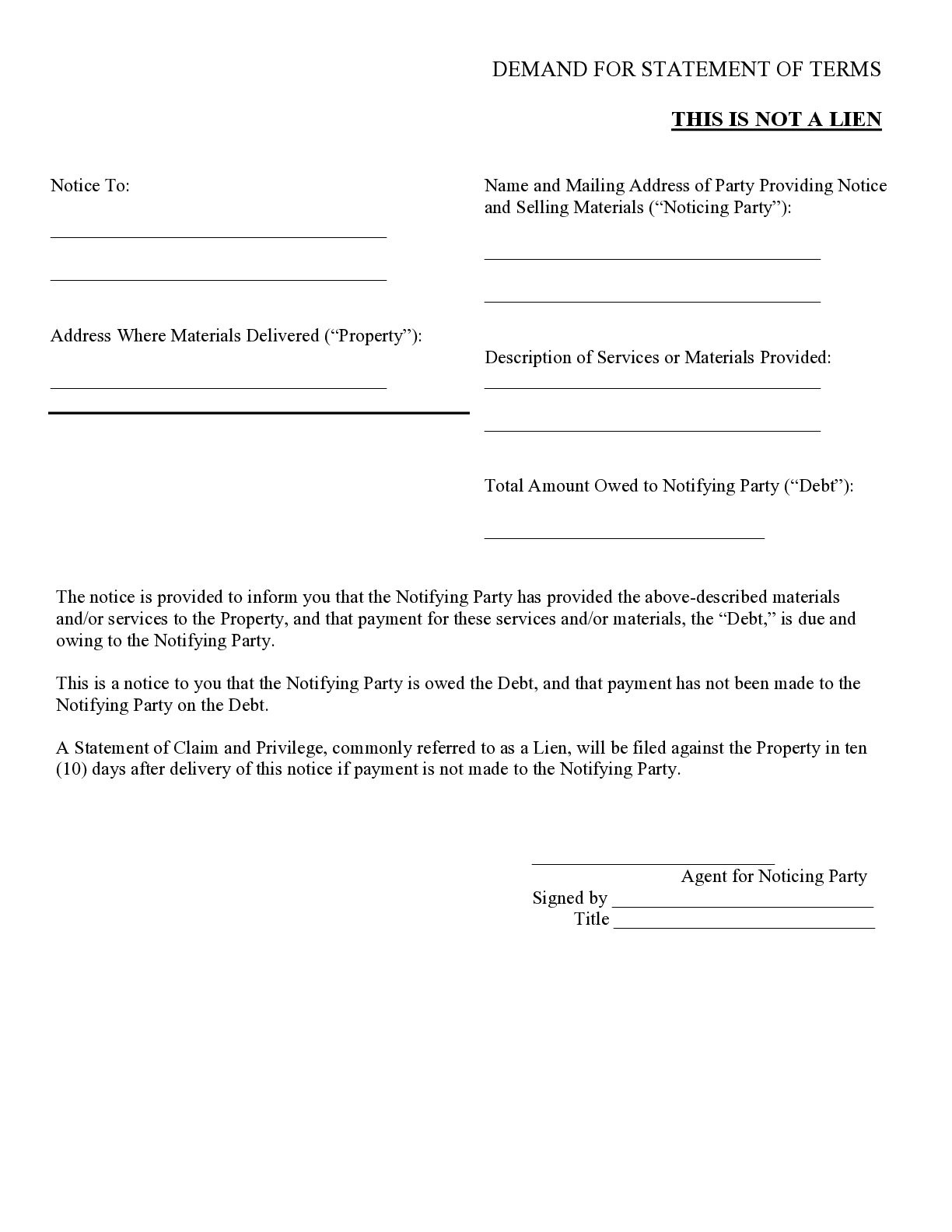 Louisiana Notice of Intent to Lien Form (Final Notice of Nonpayment) | Free Downloadable Template