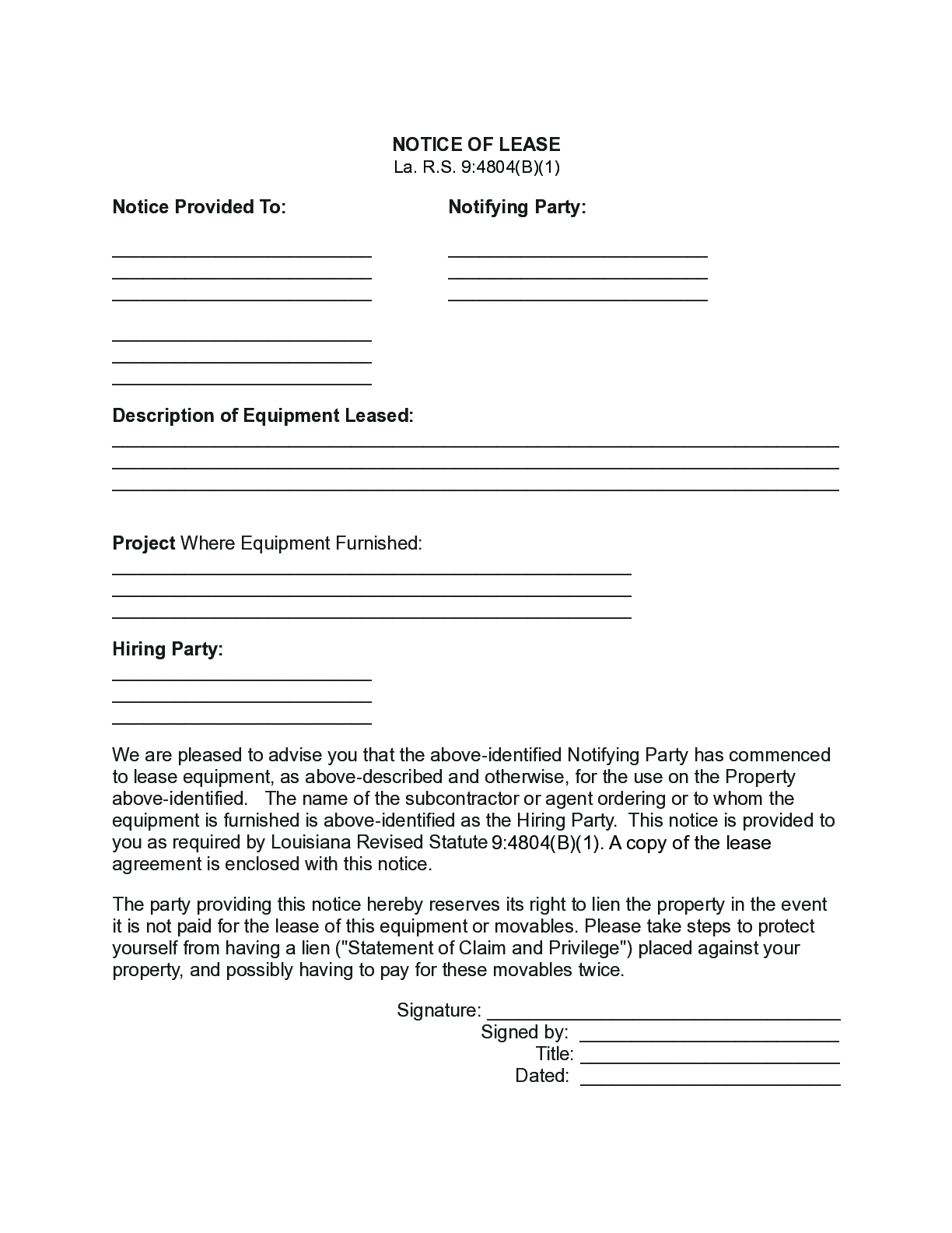 Louisiana Notice of Lease Form for Private Projects - free from