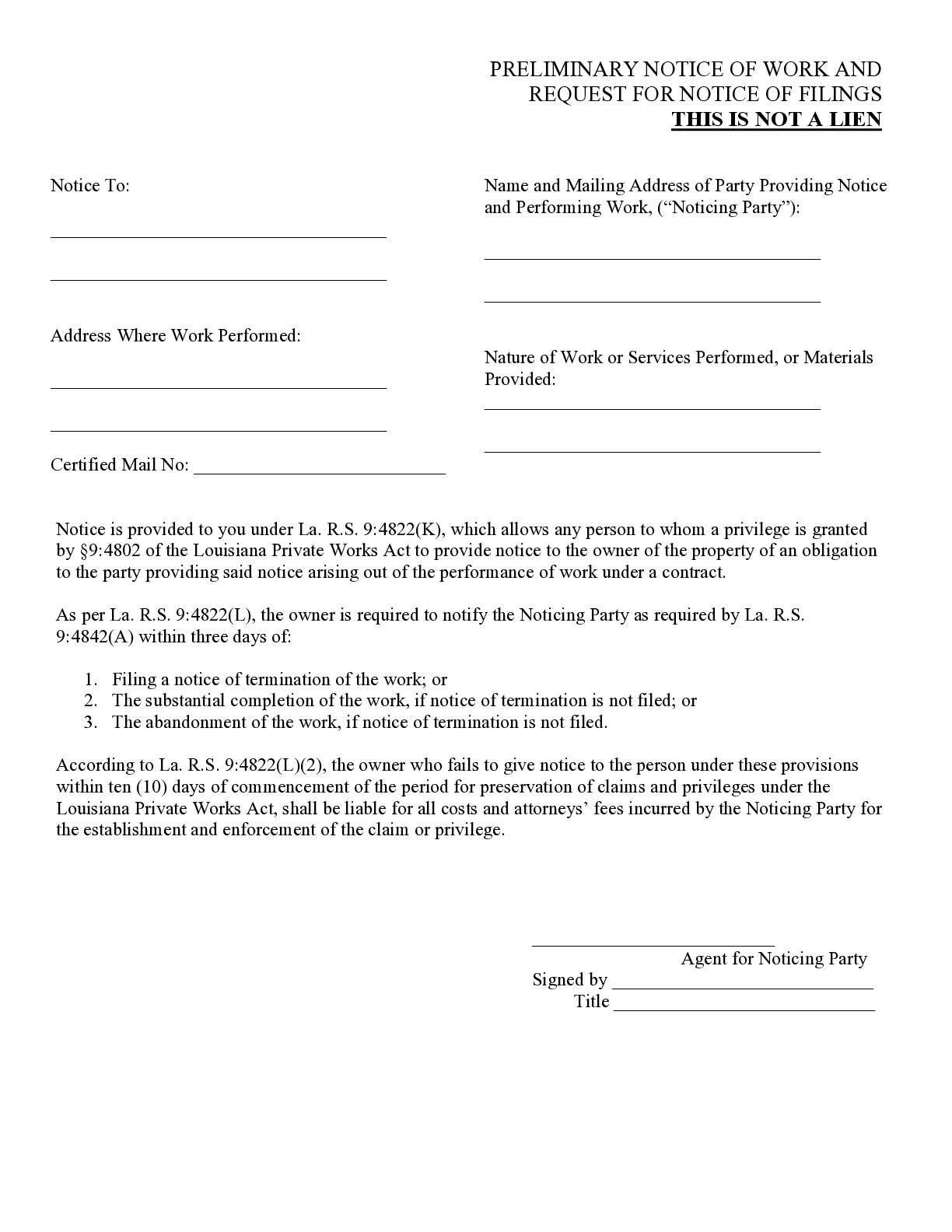 Louisiana Notice to Owner of Obligation Form - free from