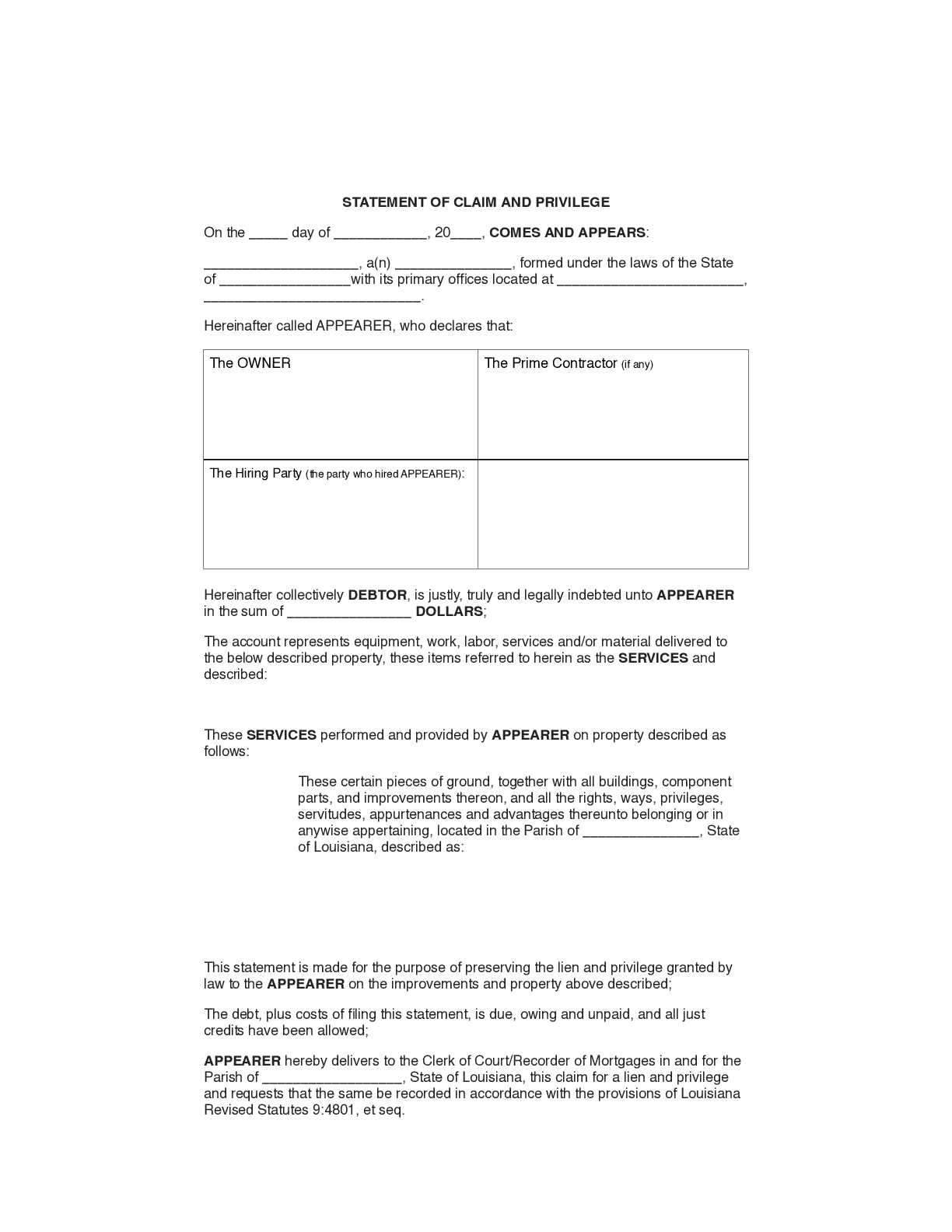 Louisiana Statement of Claim and Privilege Form - free from