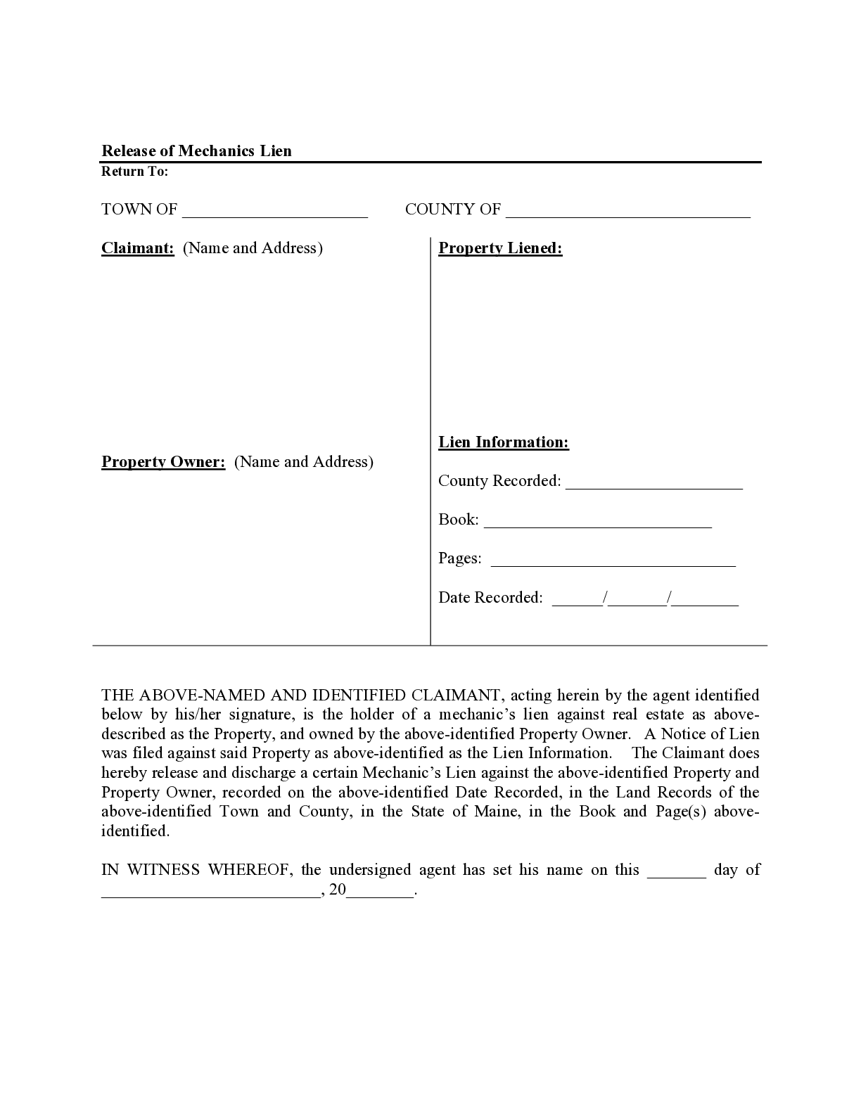Maine Mechanics Lien Release Form - free from