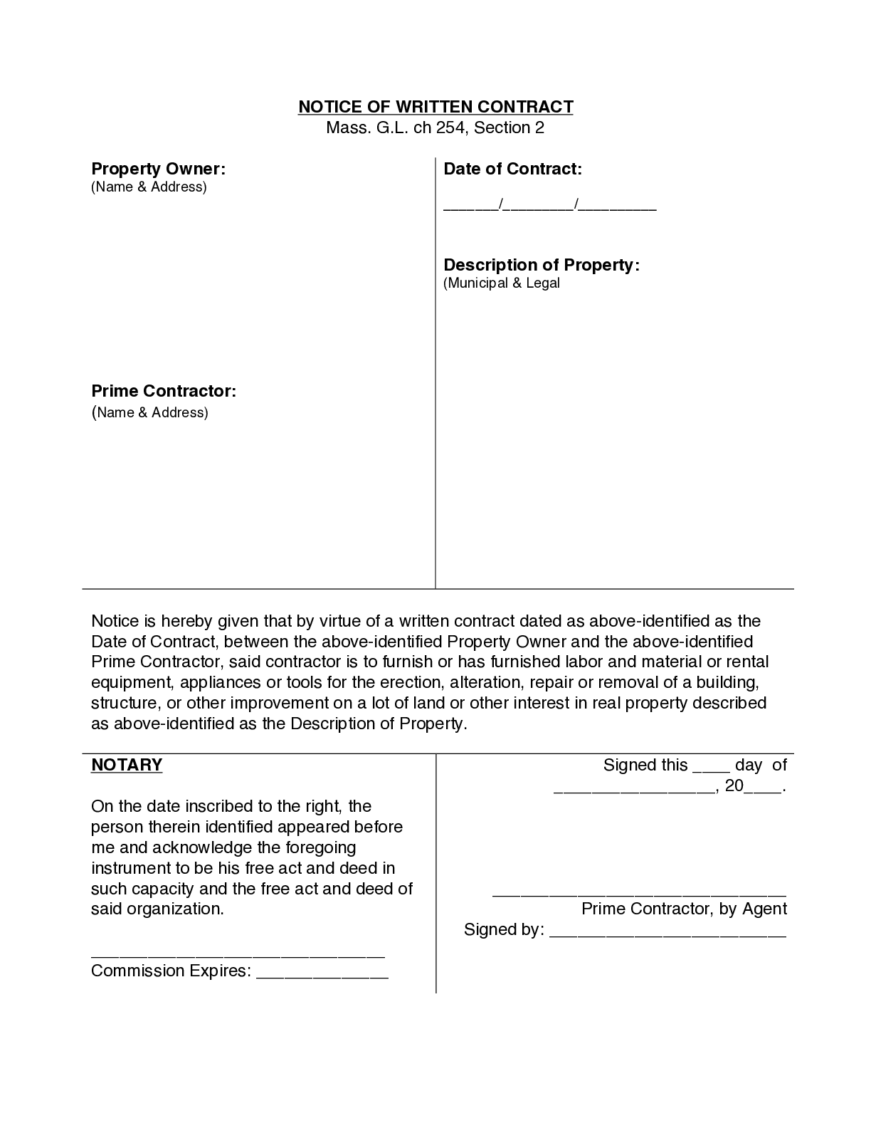 Massachusetts Notice of Written Contract Form