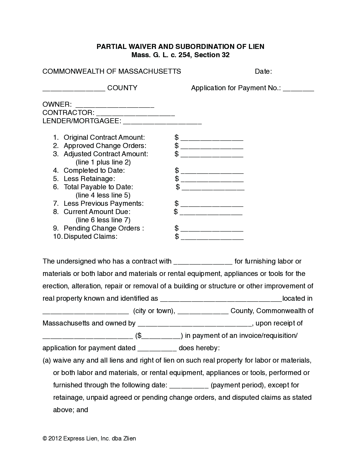 Massachusetts Partial Unconditional Lien Waiver Form - free from