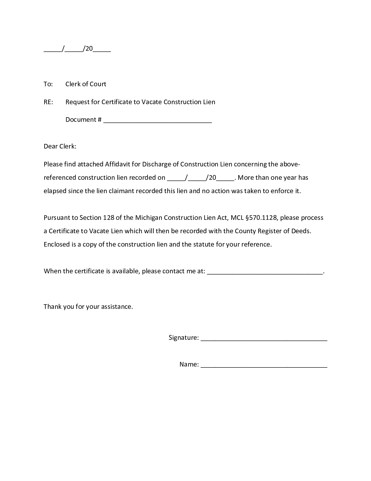 Michigan Affidavit for Release of Expired Lien Form