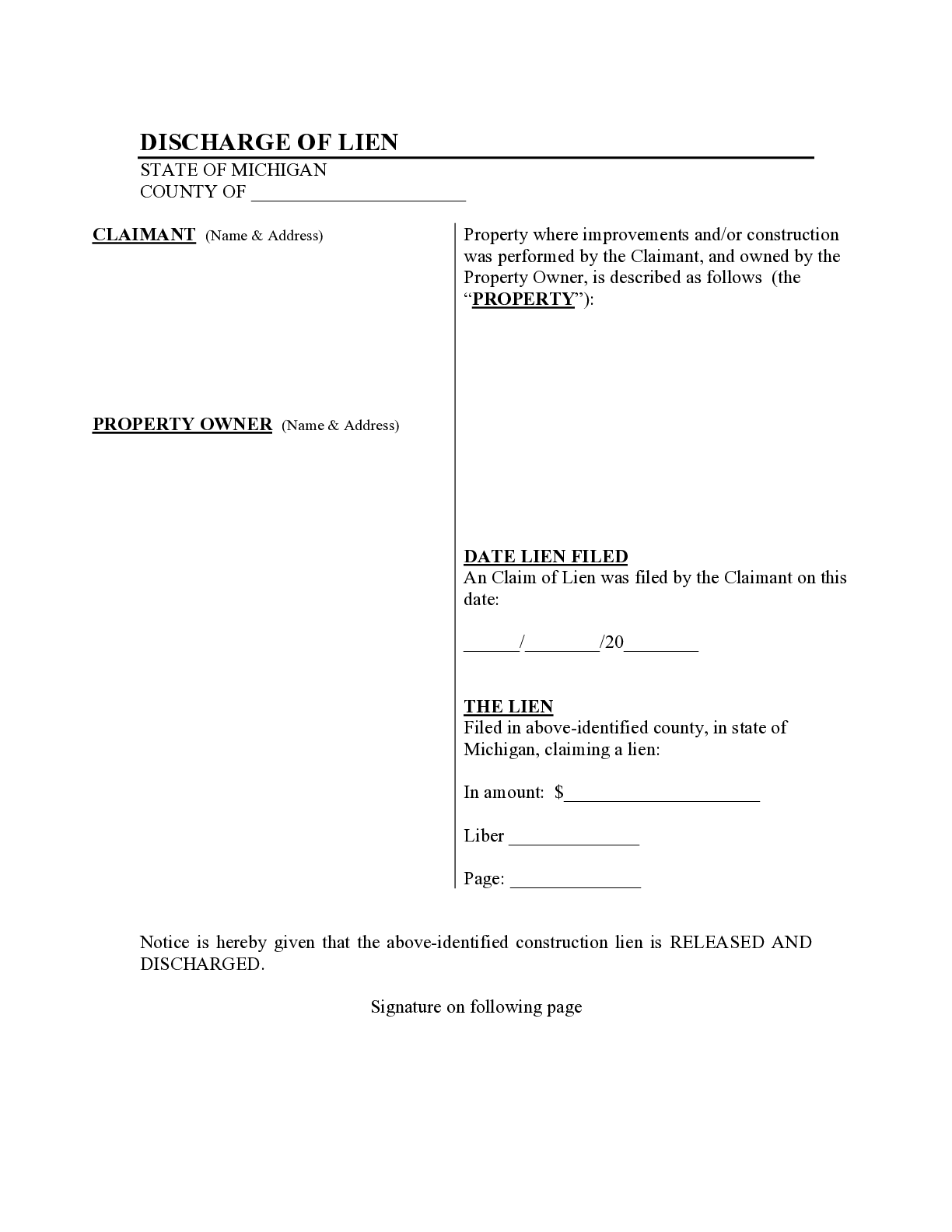 Michigan Discharge of Lien Form - free from