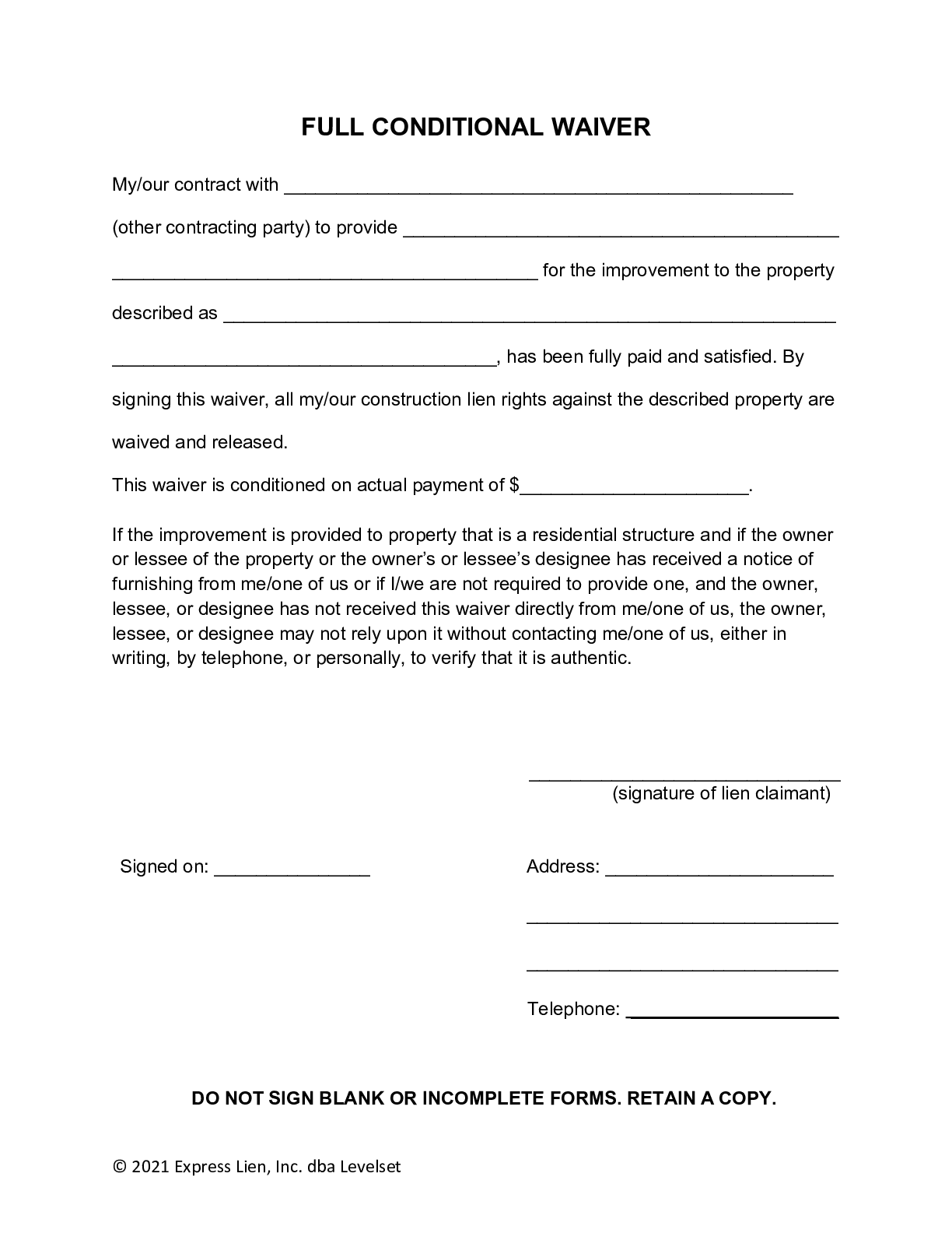 Michigan Final Conditional Lien Waiver Form - free from