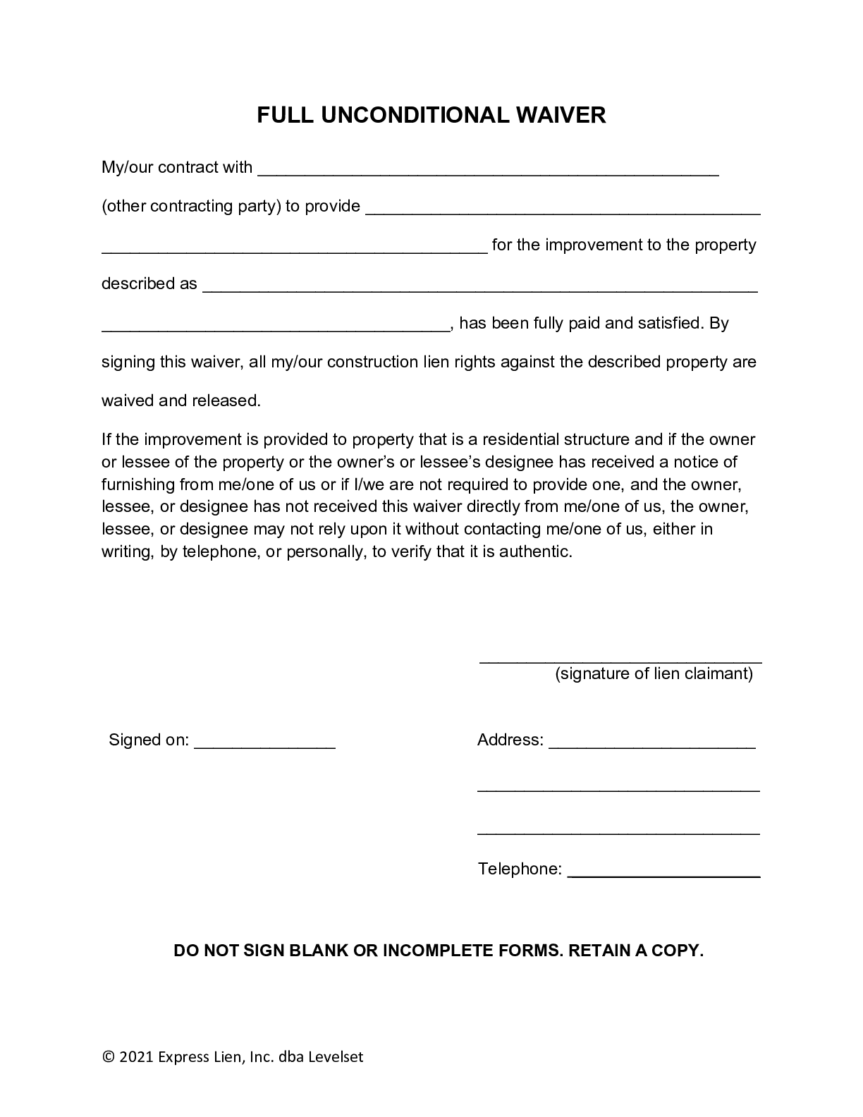 Michigan Final Unconditional Lien Waiver Form - free from